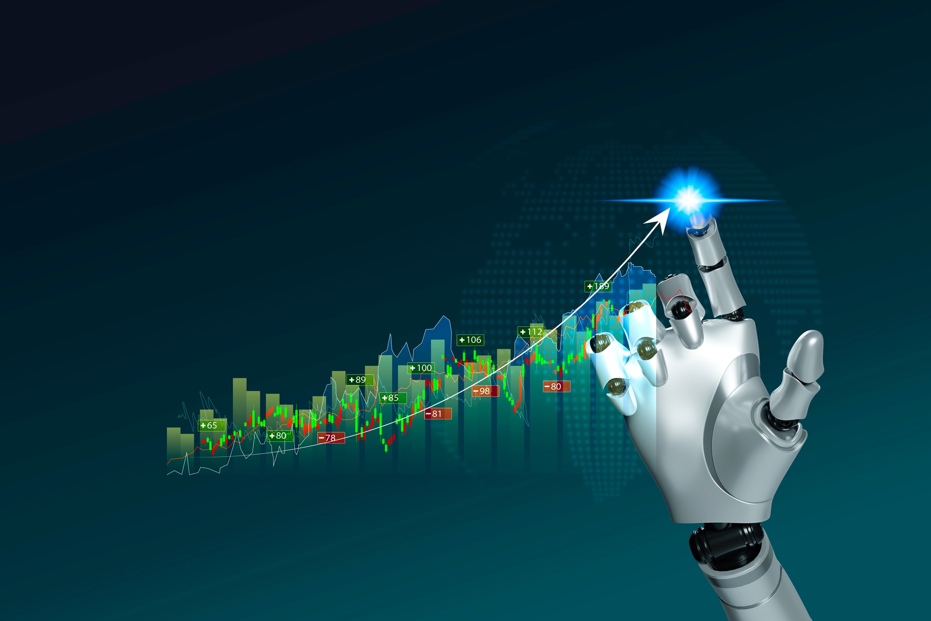 Robot trading concept. Robot hand represents use of artificial intelligence in trading stocks. Coin are laid out in graph. Inflation is falling all over the world. wealth stock investing concept .